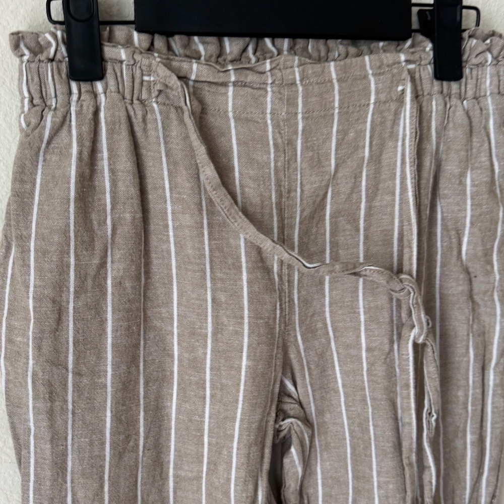 Beachlunchlounge Tan White Pinstripe Paperbag Waist Linen Blend Pants Small - Picture 3 of 3